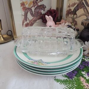 Vintage Clear Glass Butter Dish with Floral Plates
